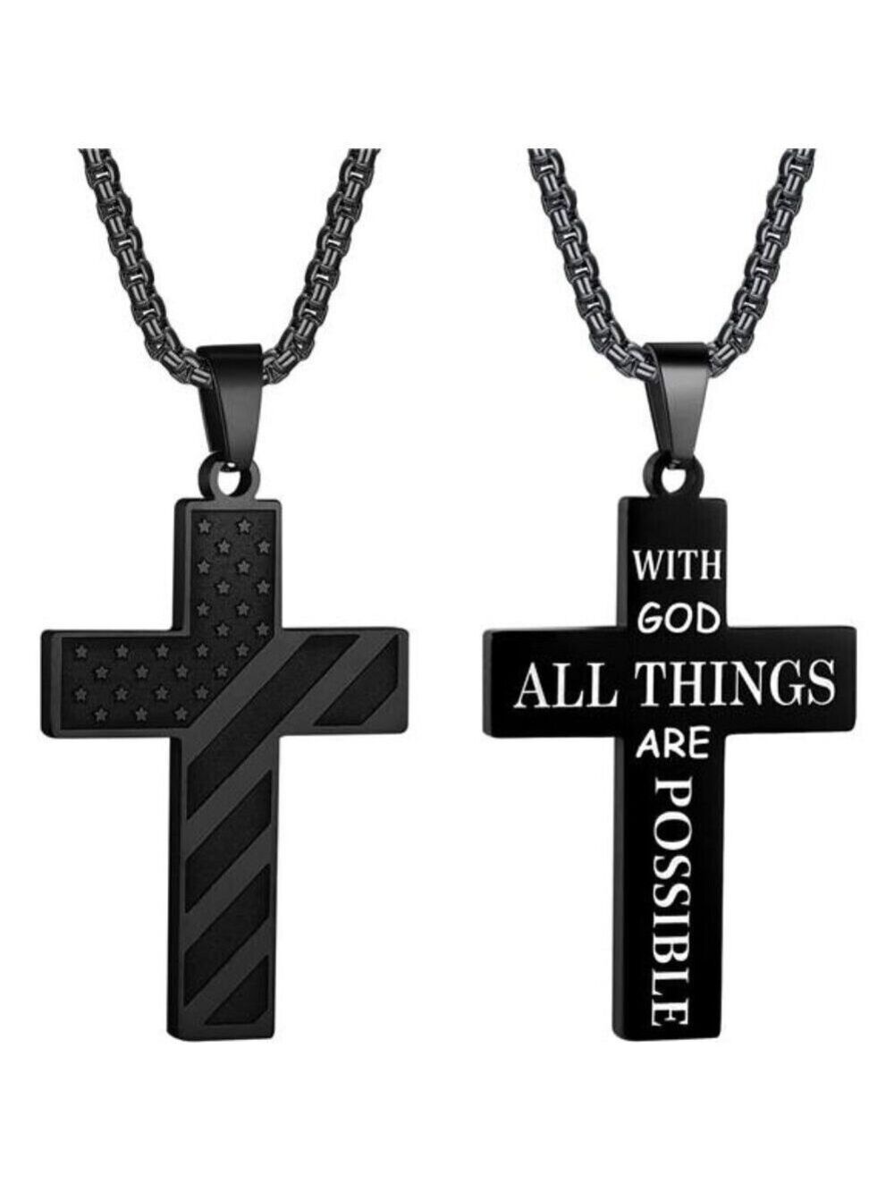 BLACK American Flag GOD Cross Necklace Men Stainless Steel Box Chain 22+2 inch